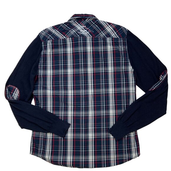 Desigual Button Front Shirt L Blue Plaid Knit Long Sleeve Elbow Patch Graphics - Picture 2 of 11